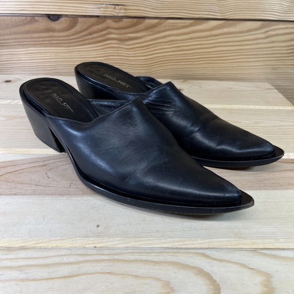 Bag Het Womens Shoes 7.5 8 EU 38 Black Leather Mules Pointy ToesMade in Italy - Picture 1 of 15